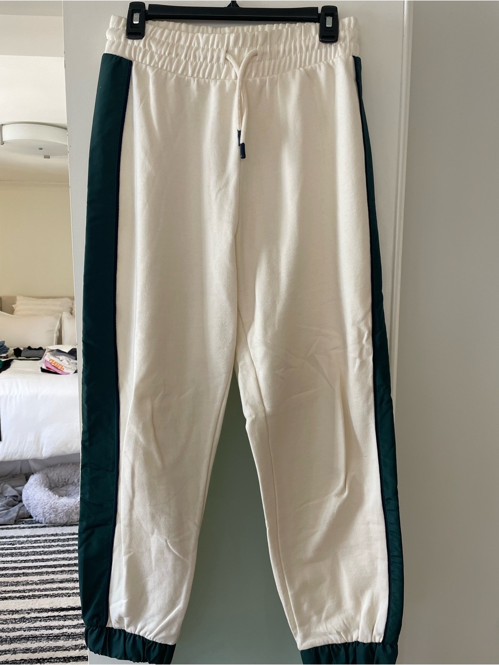 Zara Cream Track Pants with Dark Green Side Panels